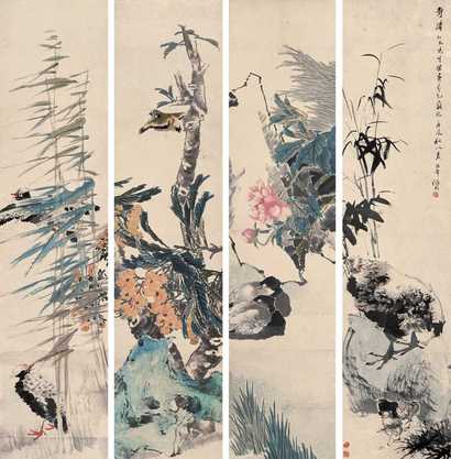 任伯年 1880年作 花鸟 四屏